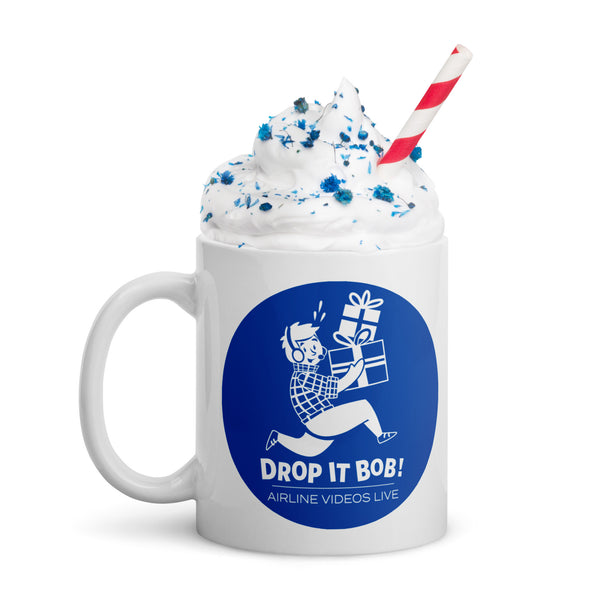 DROP IT BOB! (BLUE) White glossy mug